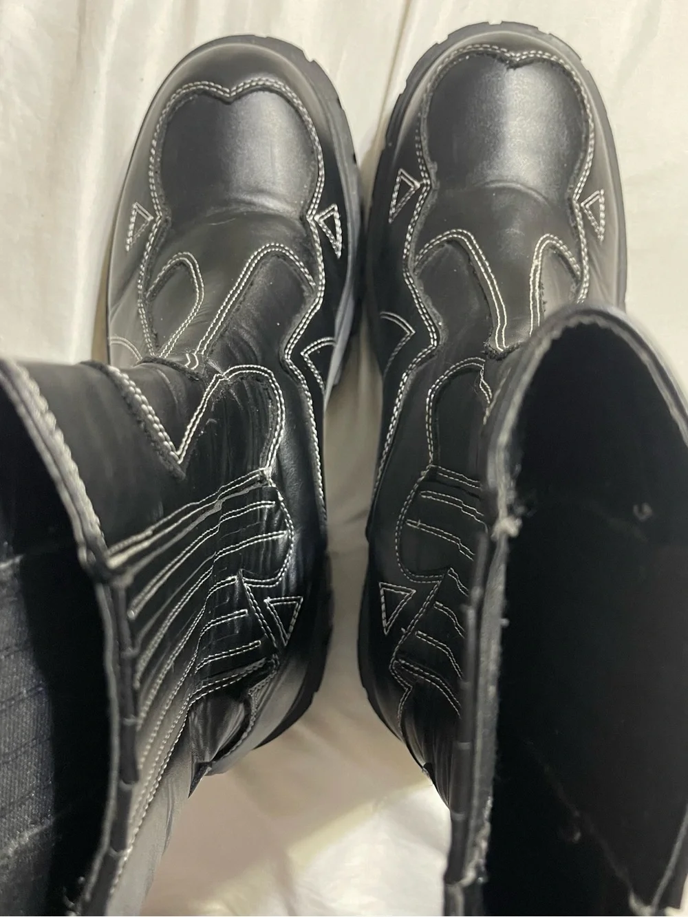 Women's Black Lug-Sole Chelsea Booties with Contrast Stitch